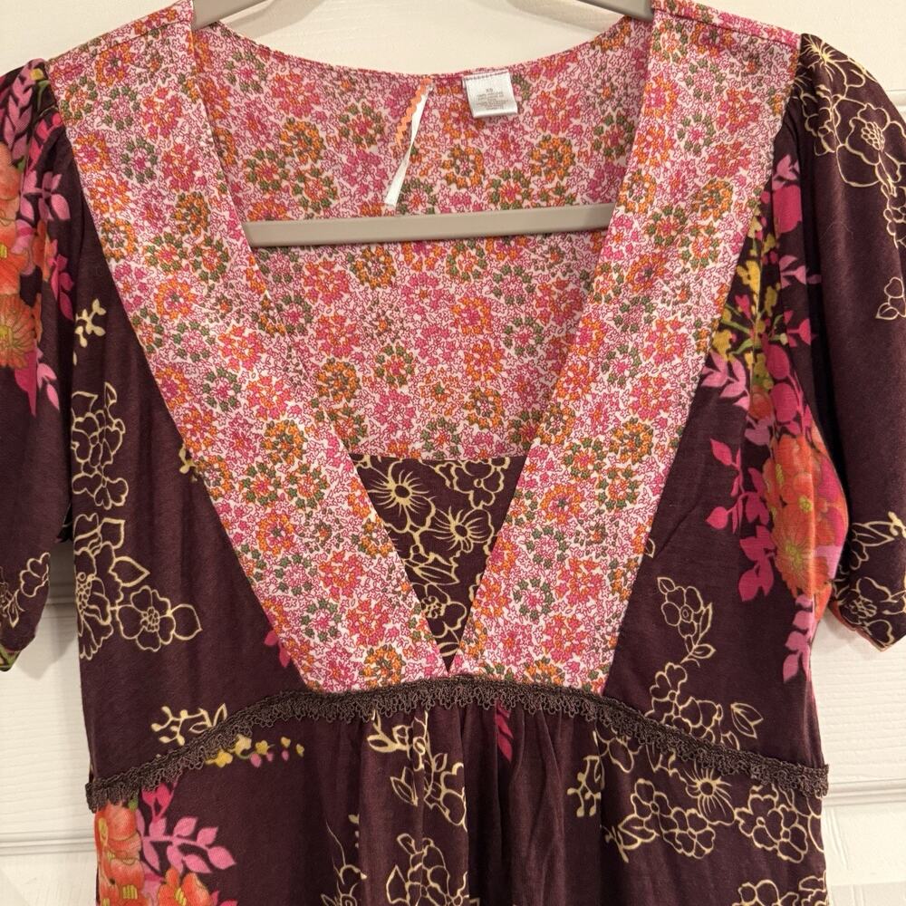 Anthropologie Ric Rac Baby Doll‎ Top Womens XS Brown Floral Lace Y2K Festival - Picture 2 of 11